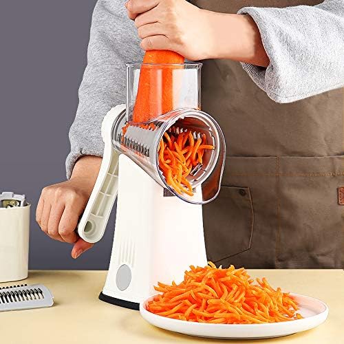 Rotary cheese grater with 5 different interchangeable blades vegetable cheese grater slicer with handle with non-slip suction cup base for kitchen for cheese, vegetables, fruits, white