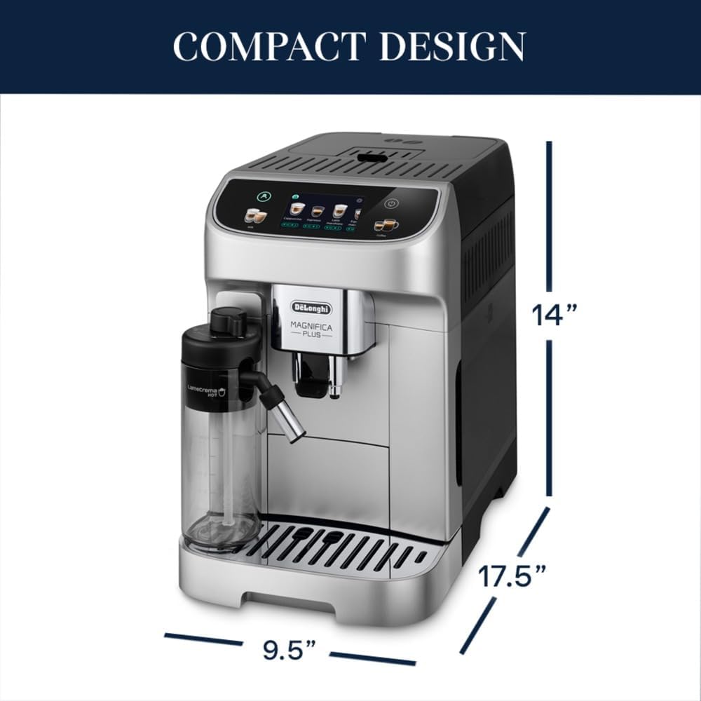 De'Longhi Magnifica Plus Fully Automatic Espresso Machine - Brew 18+ One Touch Coffee Recipes for up to 4 User Profiles, Automatic Milk Steam Wand & Built-in Grinder, Touchscreen Display