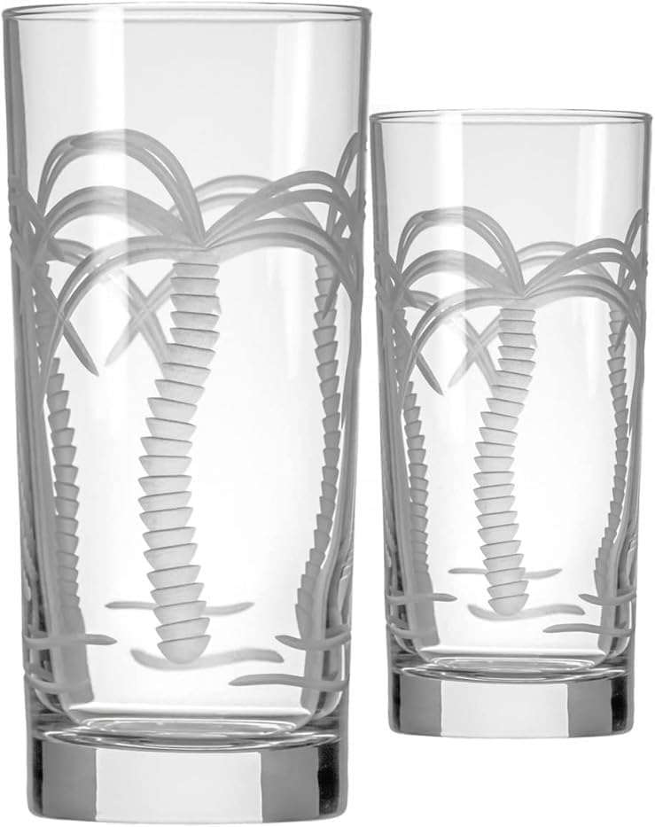 Rolf Glass Palm Tree Highball 15 ounce | Set of 2 Cooler Glasses | Lead-Free Crystal | Etched Drinking Glass with Heavy Base | Made in the USA