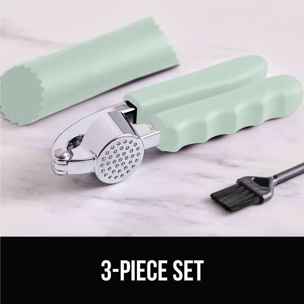 GORILLA GRIP Garlic Press and Peel Set, Heavy Duty Mincer Tool, Large Ergonomic Handle, Easily Mince and Crush Garlics, Ginger, Nuts, Seeds, Peeler Included, Peeling Cloves, Kitchen Gadgets, Mint