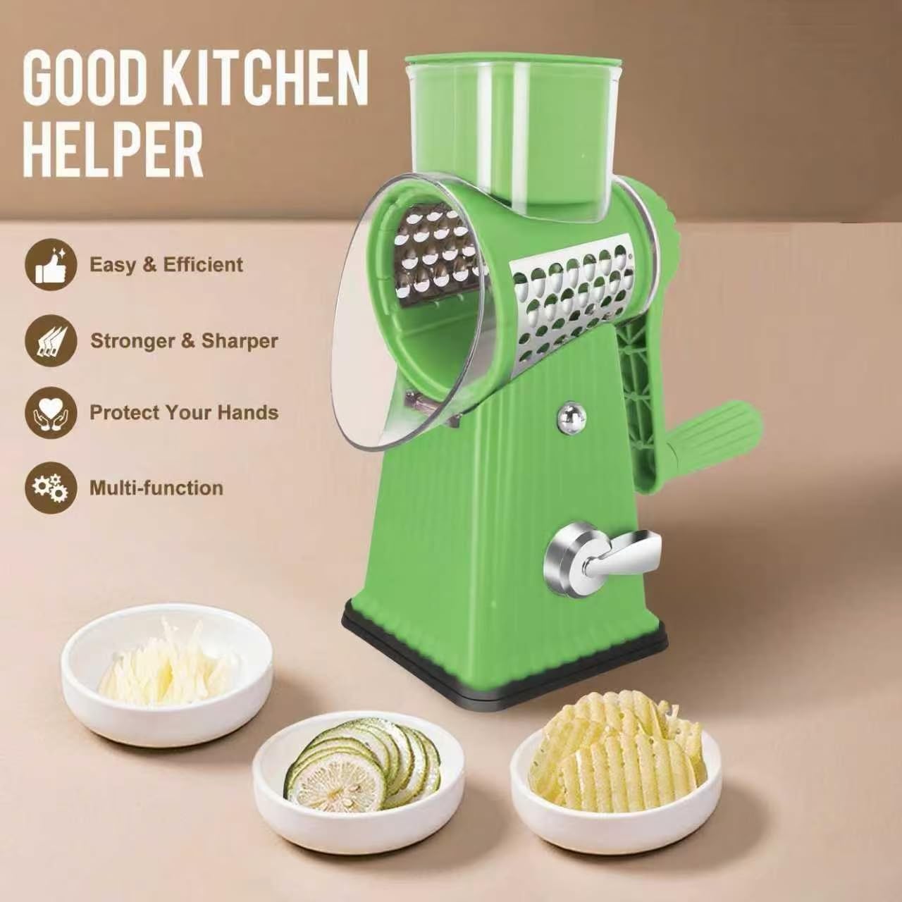Rotary Cheese Grater with 5 Well-designed Blades & Strong Suction Base, Kitchen Mandoline Vegetable Slicer with Blade Storage Box (GREEN)