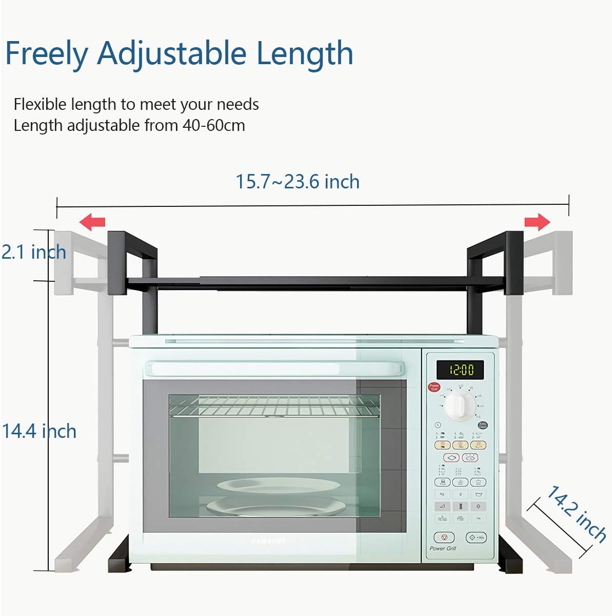 PUSDON Adjustable Carbon Steel Microwave Oven Rack, 2-Tier with 3 Hooks, 55lbs Weight Capacity, White