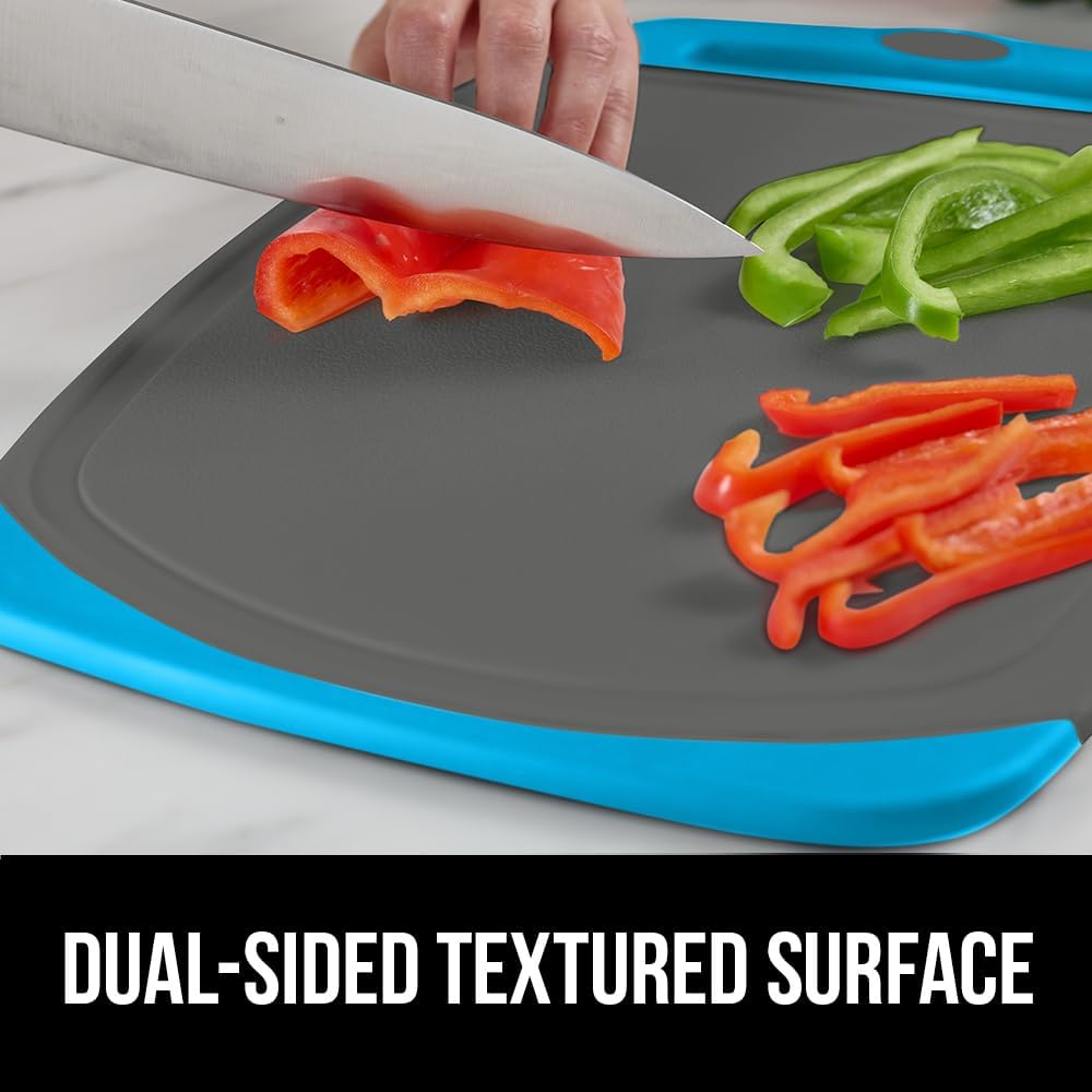 GORILLA GRIP BPA-Free Reversible Kitchen Cutting Board Set of 3, US Designed, Nonporous, Juice Grooves Catch Liquid, Slip Resistant Border, Dishwasher Safe, Durable Food Chopping Boards, Aqua Gray