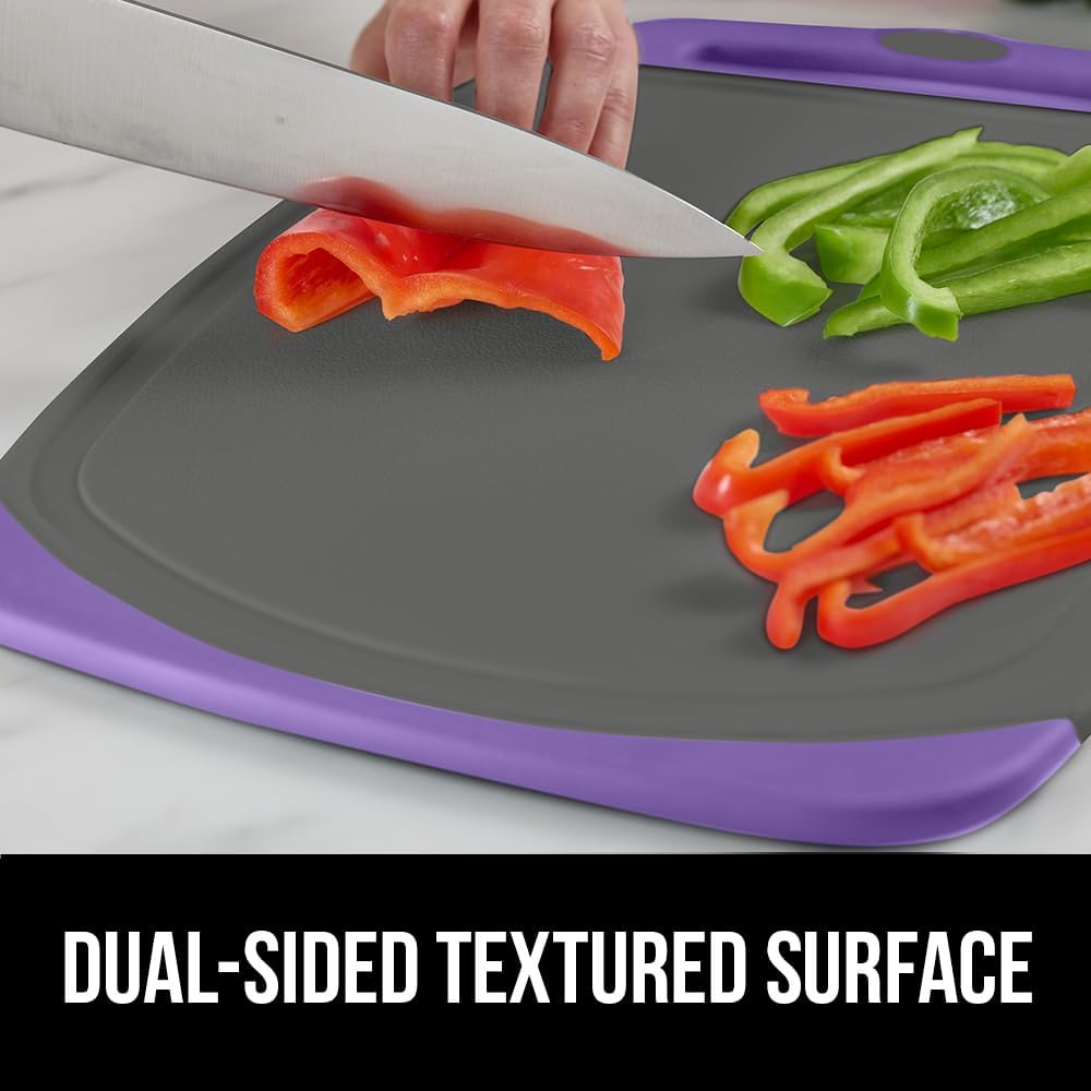GORILLA GRIP BPA-Free Reversible Kitchen Cutting Board Set of 3, US Designed, Nonporous, Juice Grooves Catch Liquid, Slip Resistant Border, Dishwasher Safe, Durable Food Chopping Boards, Purple Gray