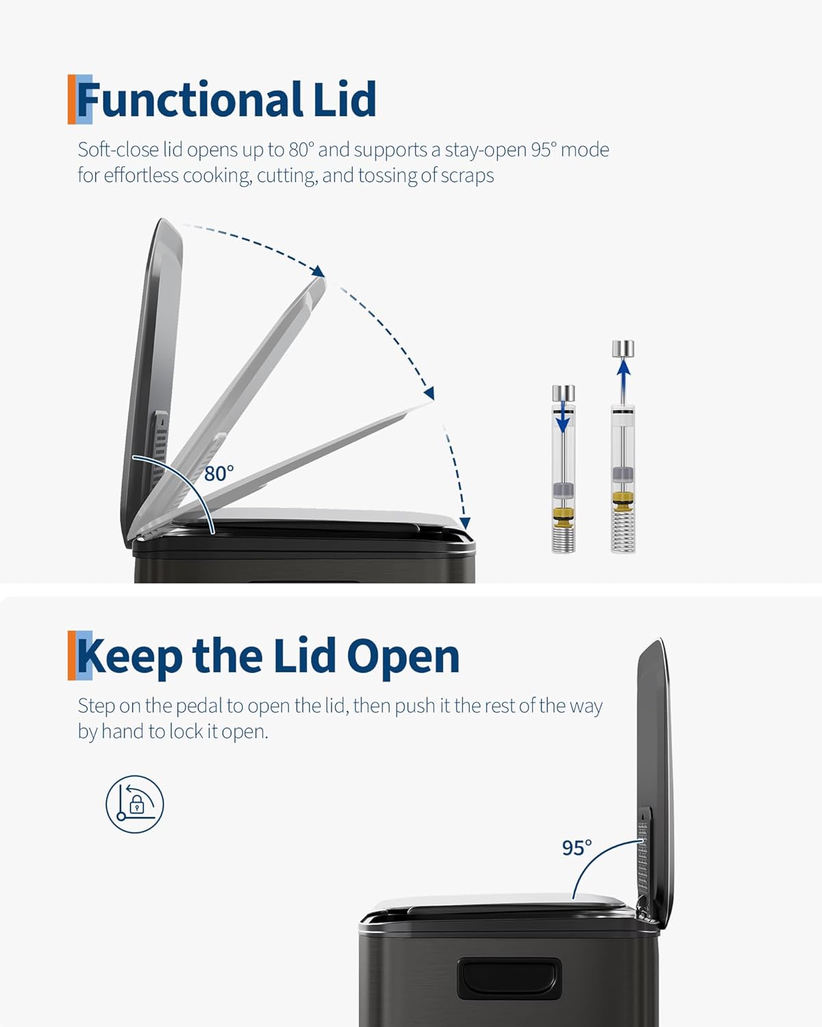 GarveeHome Dual Compartment Stainless Steel Trash Can, 16 Gal (2 x 8 Gal) Double Kitchen Recycling Bin with Lid, Step-On, Removable Inner Buckets, Liner Rim, Black