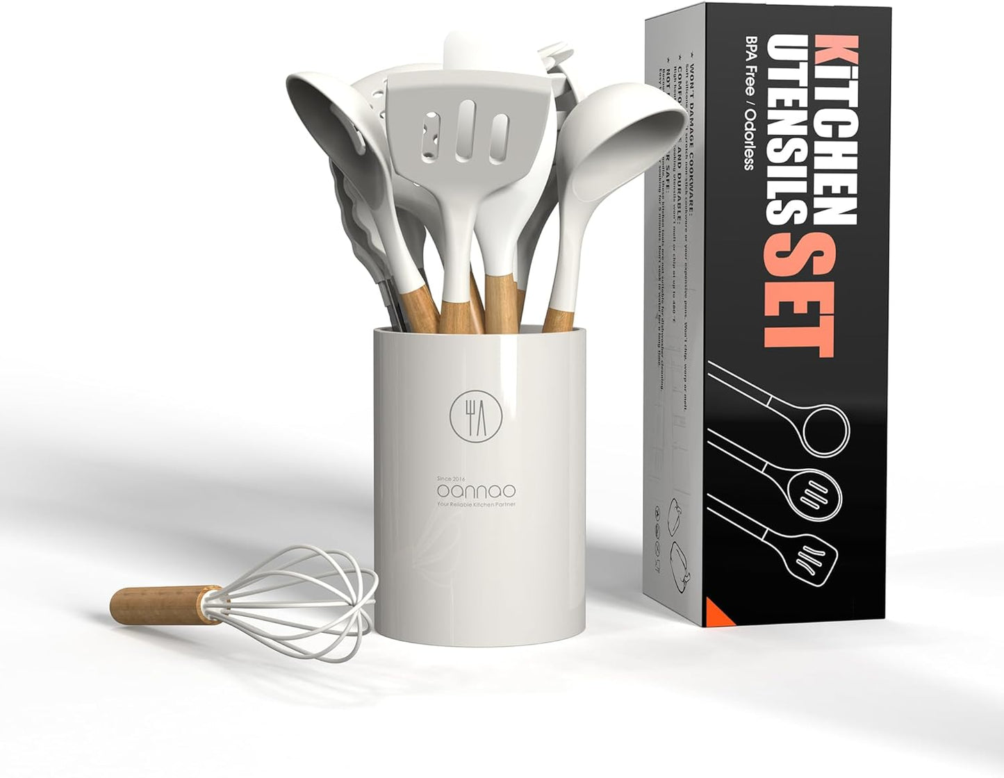 Silicone Cooking Utensils Set - 446°F Heat Resistant Silicone Kitchen Utensils for Cooking,Kitchen Utensil Spatula Set w Wooden Handles and Holder for Non-Stick Cookware (Cream White)