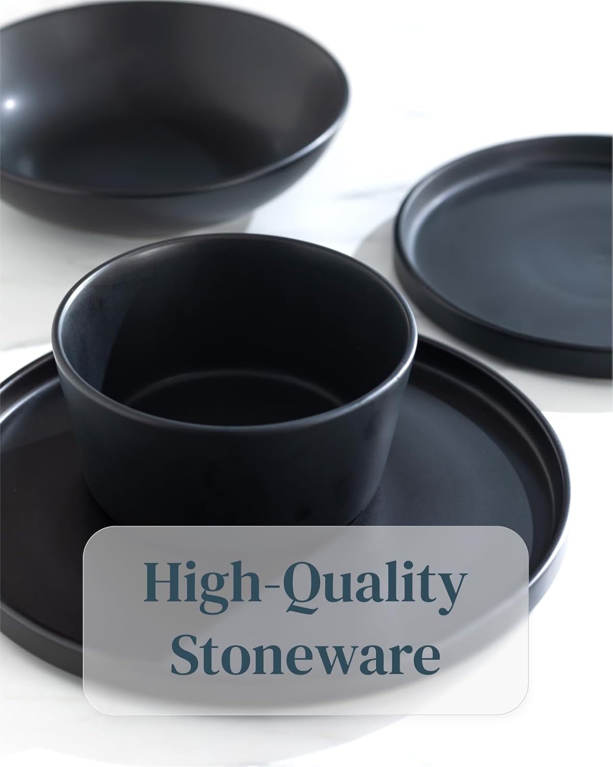 Stoneware dinnerware set 4 persons 16 pcs – Matte black ultra chic plates and bowls set – Dishwasher and microwave safe – Bowl and plate set – Dinner service Pure Living