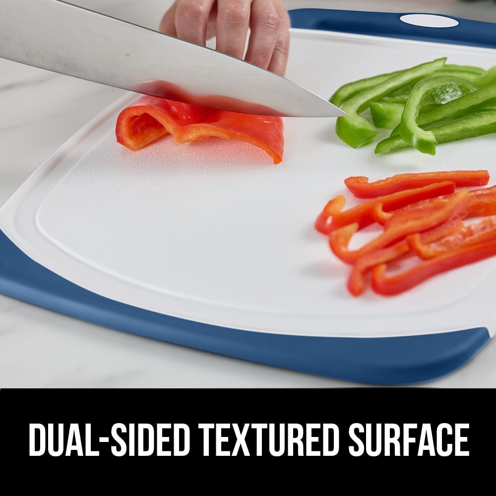 GORILLA GRIP BPA-Free Reversible Kitchen Cutting Board Set of 3, US Designed, Nonporous, Juice Grooves Catch Liquid, Slip Resistant Border, Dishwasher Safe Large Food Chopping Boards, Red Blue Green