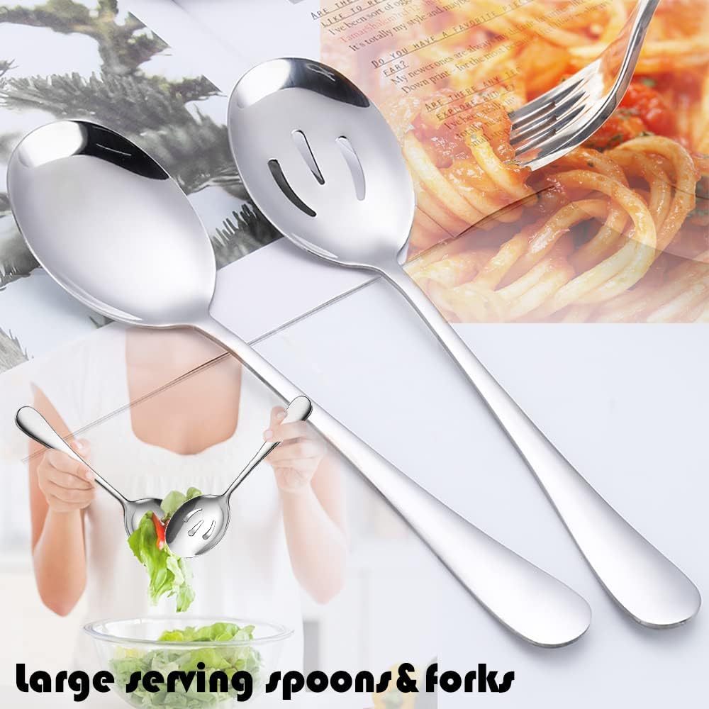 6 PCS Stainless Steel Serving Utensils, Large Serving Spoons Slotted Spoons, Forks, Ice Suger Tongs, Cake Server, Soup Ladle, Metal Utensils Set Great for Buffet Catering Banquet Party, Silver