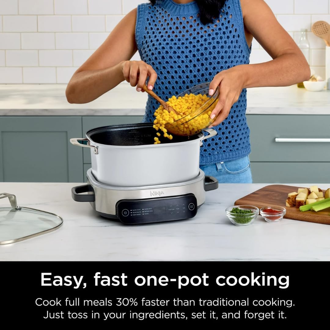 Multi-Cooker Ninja Foodi MC1100, Everyday Possible Cooker 6.5-Qt, 6-in-1 with Slow Cook, Slow Cooker, Sear/Sauté, Keep Warm, Rice and Pasta Functions, Compact Design, White, 6.5QT