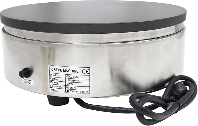 Electric Single Burner Crepe Maker,2KW Round Stainless Steel Pancake Machine 40cm(15.75") Nonstick Griddle with Temperature Control for Pancakes, Eggs, Bacon & Tortillas
