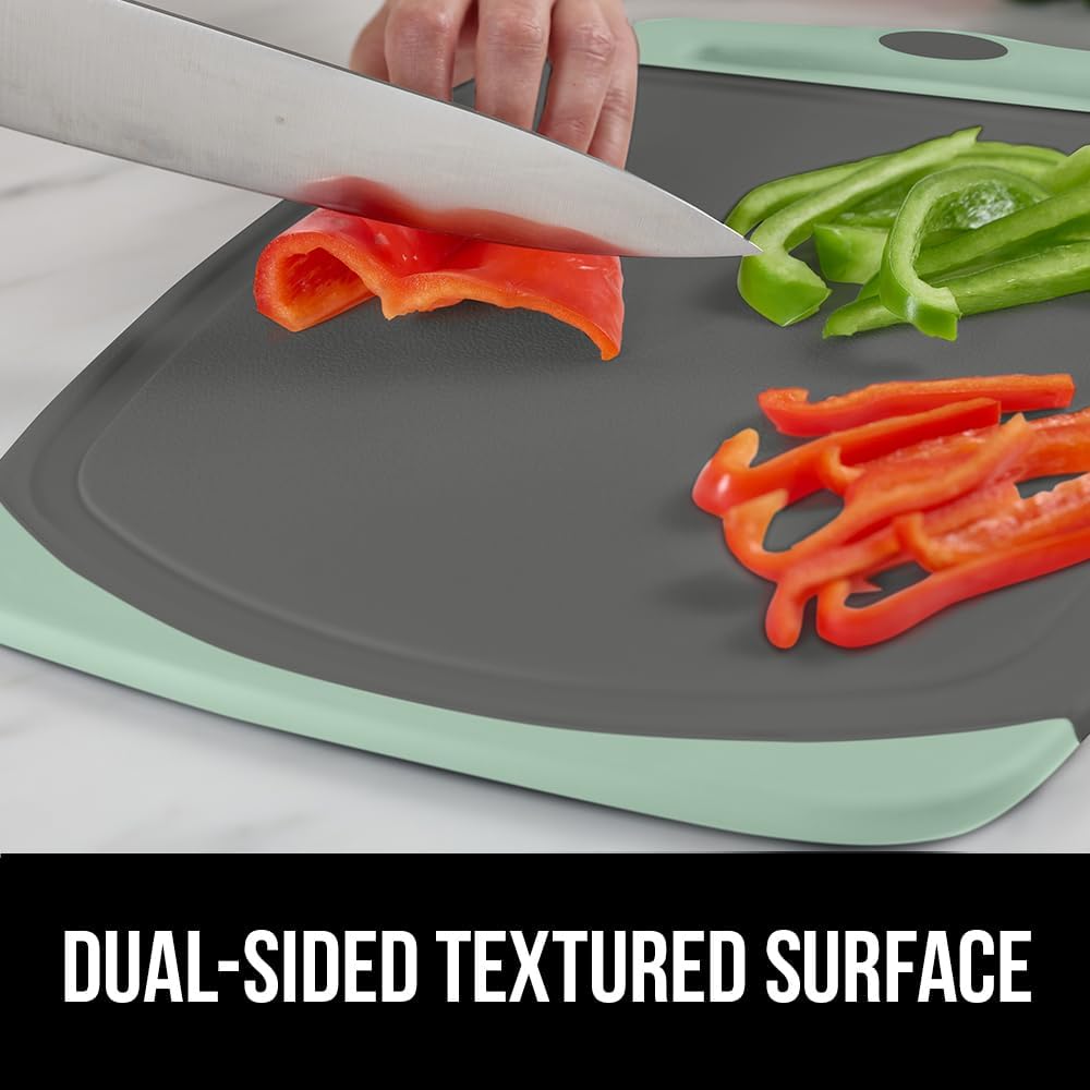 GORILLA GRIP BPA-Free Reversible Kitchen Cutting Board Set of 3, US Designed, Nonporous, Juice Grooves Catch Liquid, Slip Resistant Border, Dishwasher Safe, Durable Food Chopping Boards, Mint Gray