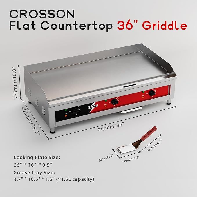CROSSON 36"*16" Large Commercial Electric Countertop Griddle,Flat Top Heavy Duty Griddles with Non-Stick 1/2" Thick Iron Cooking Plate for Restaurant use-240V/6600W (EG-918C)