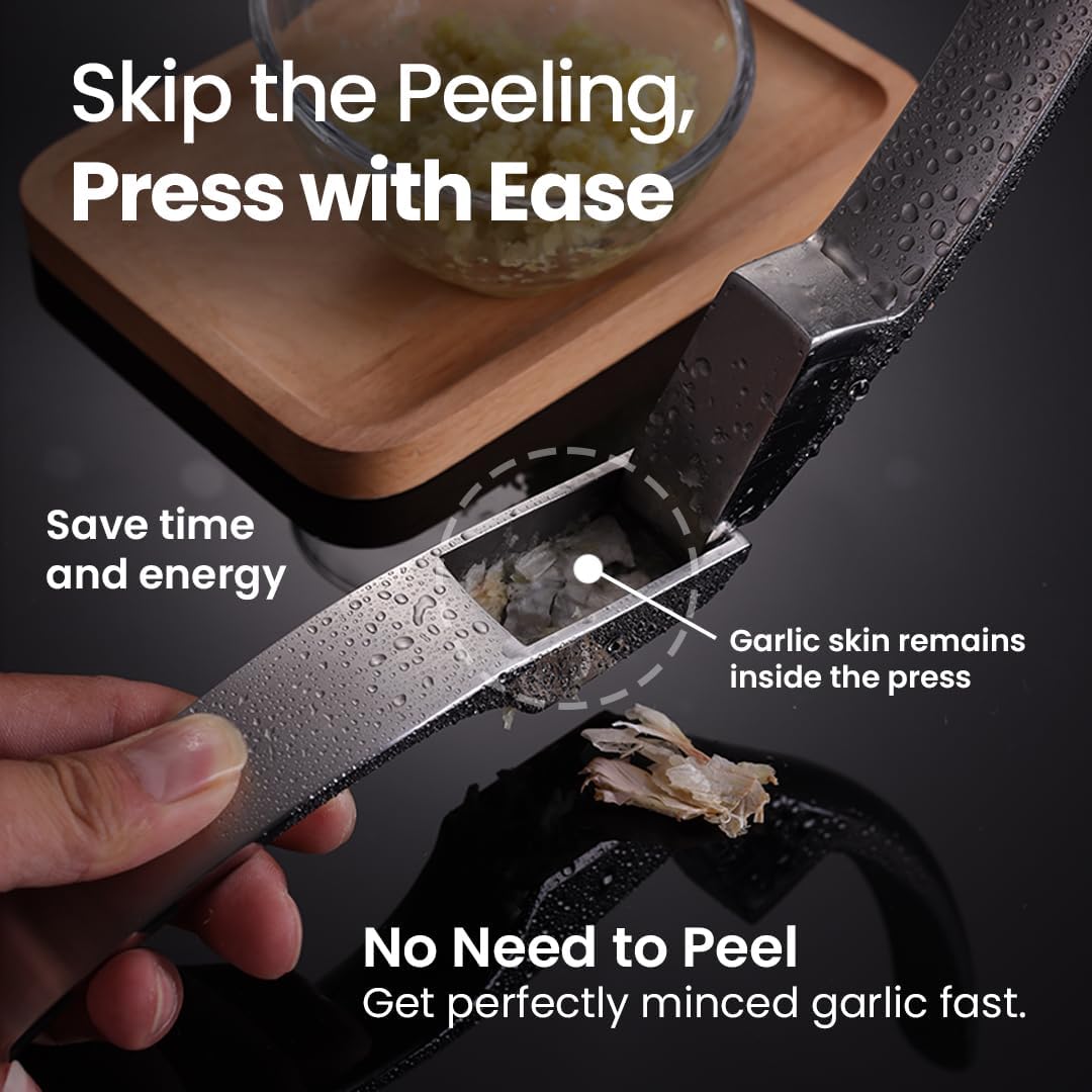 No Peeling Required Garlic Press Stainless Steel with Detachable Handle for Fine Mincing - Premium Garlic Mincer Tool, Rust-Proof, Easy to Clean, Dishwasher Safe Garlic Crusher with 5-Year Warranty