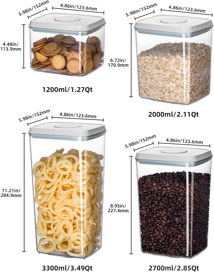 8-Piece Set of Pop Airtight Food Storage Containers with Lids Stackable Containers for Kitchen Pantry Organization Ideal for Cereal Snacks Flour Sugar Coffee and Spaghetti (1.2, 2.0, 2.7, 3.3qt)*2