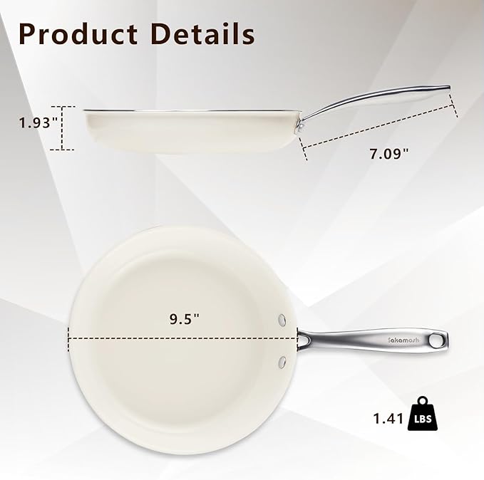 9.5" Ceramic Frying Pan Nonstick, Skillet, Cooking Pan Non Toxic with Stay Cool Handle for Induction, Chef's Pan, PTFE & PFAS & PFOA Free, Dishwasher/Oven Safe, White