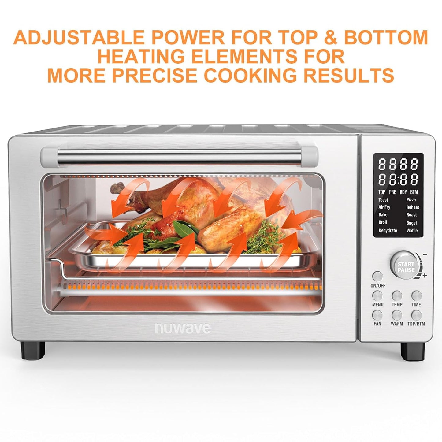 Nuwave Bravo Air Fryer Toaster Smart Oven, 10-in-1 Countertop Convection, 1800 Watts, 21-Qt Capacity, 50°-450°F Temp Controls, Top and Bottom Heater Adjustments 0%-100%, PFAS Free, Stainless Steel