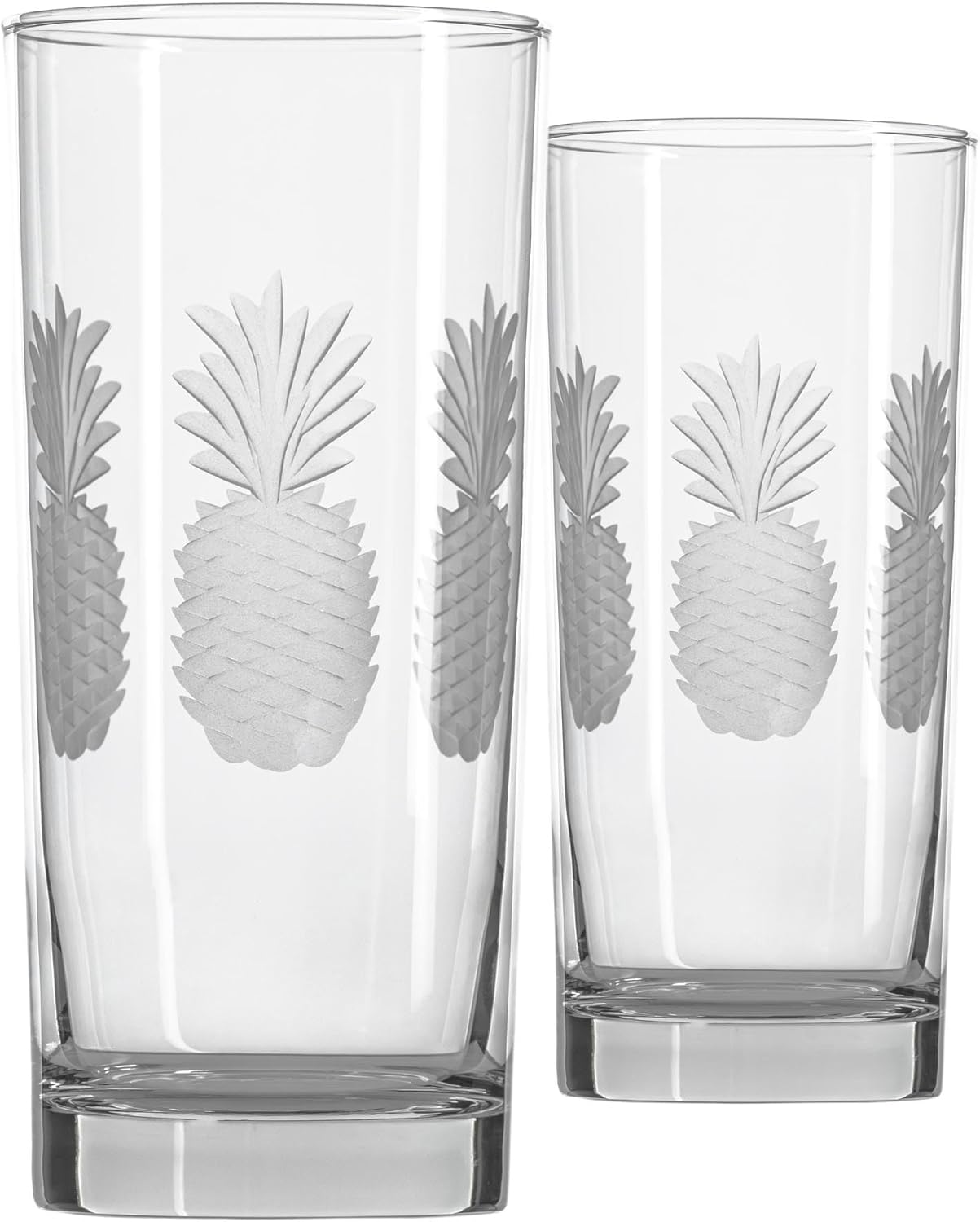 Rolf Glass Fresh Pineapple Highball Glass | 15oz Cooler Glasses | Lead-Free and Diamond-Wheel Engraved | Heavy Base, Thick Glass | Made in the USA | Tropical Etched Pineapple | Set of 2