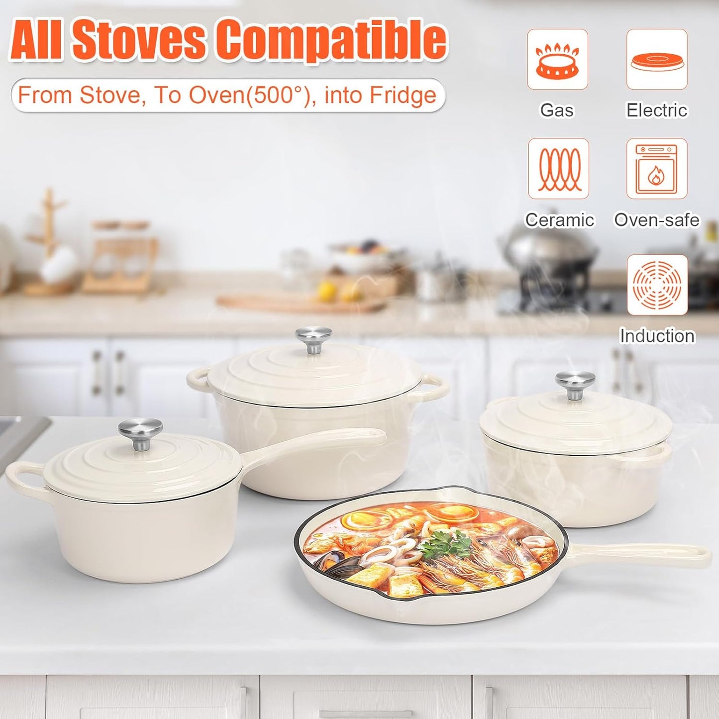 QuliMetal Nonstick Enameled Cast Iron Cookware Set, 7-Pcs Pots and Pans with Lid, Frying Pan Skillet, Sauce Pan, Healthy Round Dutch Oven Pot for Sourdough Bread Baking on All Stovetop, Cream White