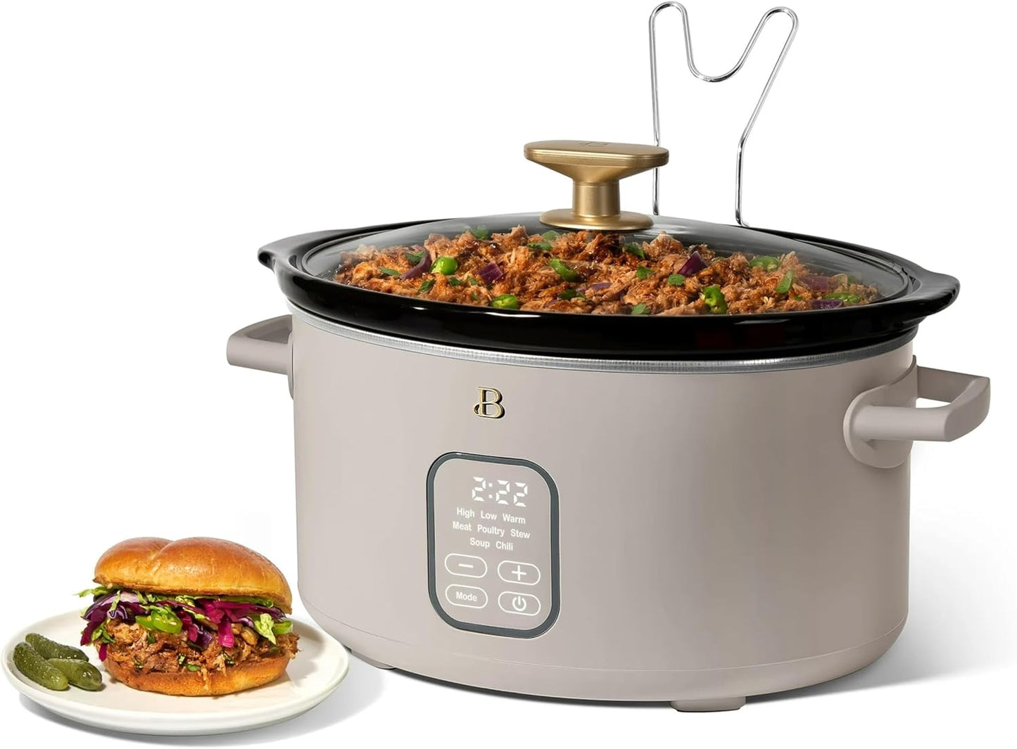 Beautiful 6 Qt Programmable Slow Cooker by Drew Barrymore - 5 Preset Cooking Functions, Digital Countdown Timer, Dishwasher-Safe Parts, and Cool-Touch Handles (Porcini Taupe.)