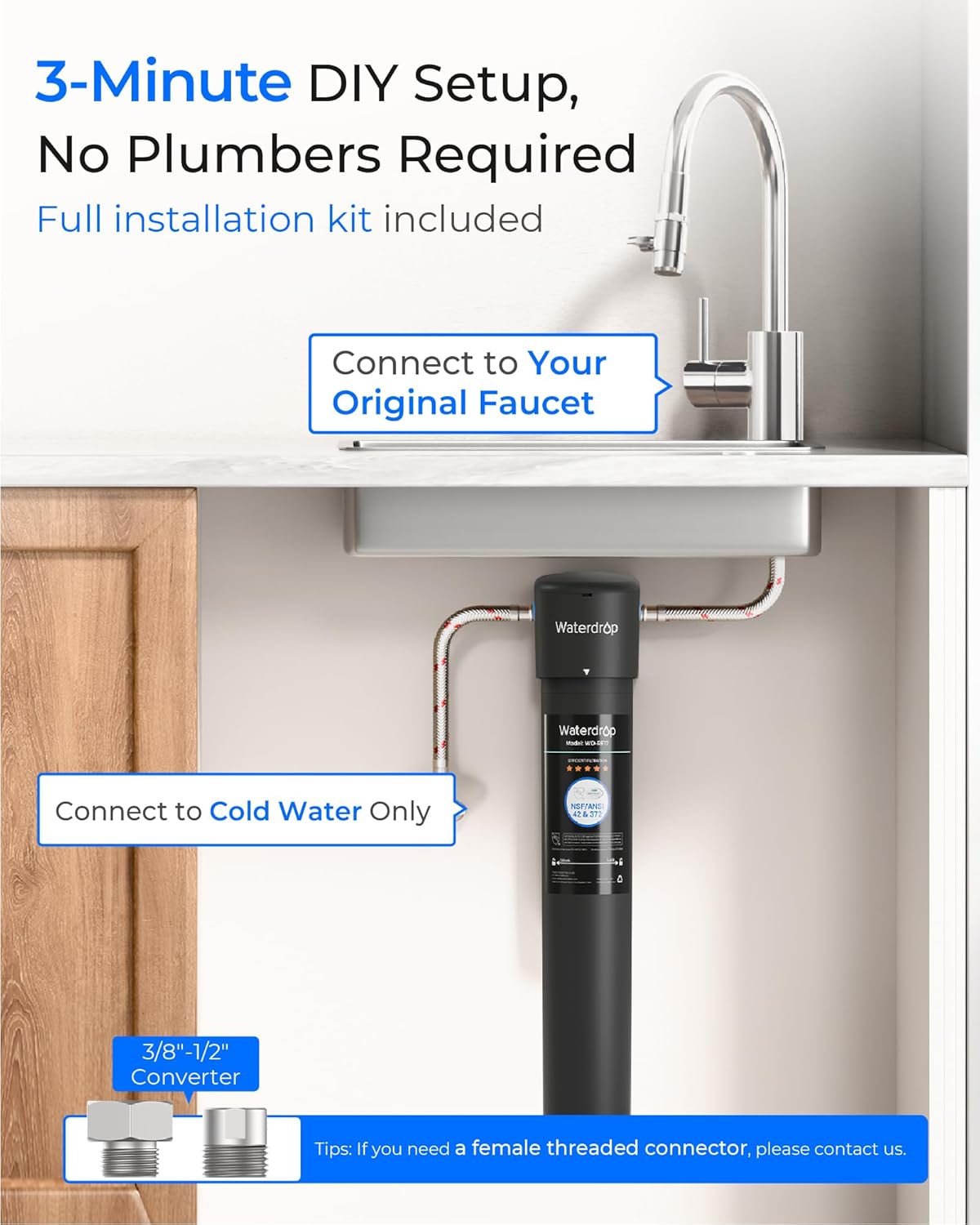 Waterdrop 17UA 3 Years Under Sink Water Filter, Under Sink Water Filtration System, Reduces PFAS, PFOA/PFOS, Lead, Chlorine, Under Sink Water Filter, NSF/ANSI 42 Certified, 24K Gallons