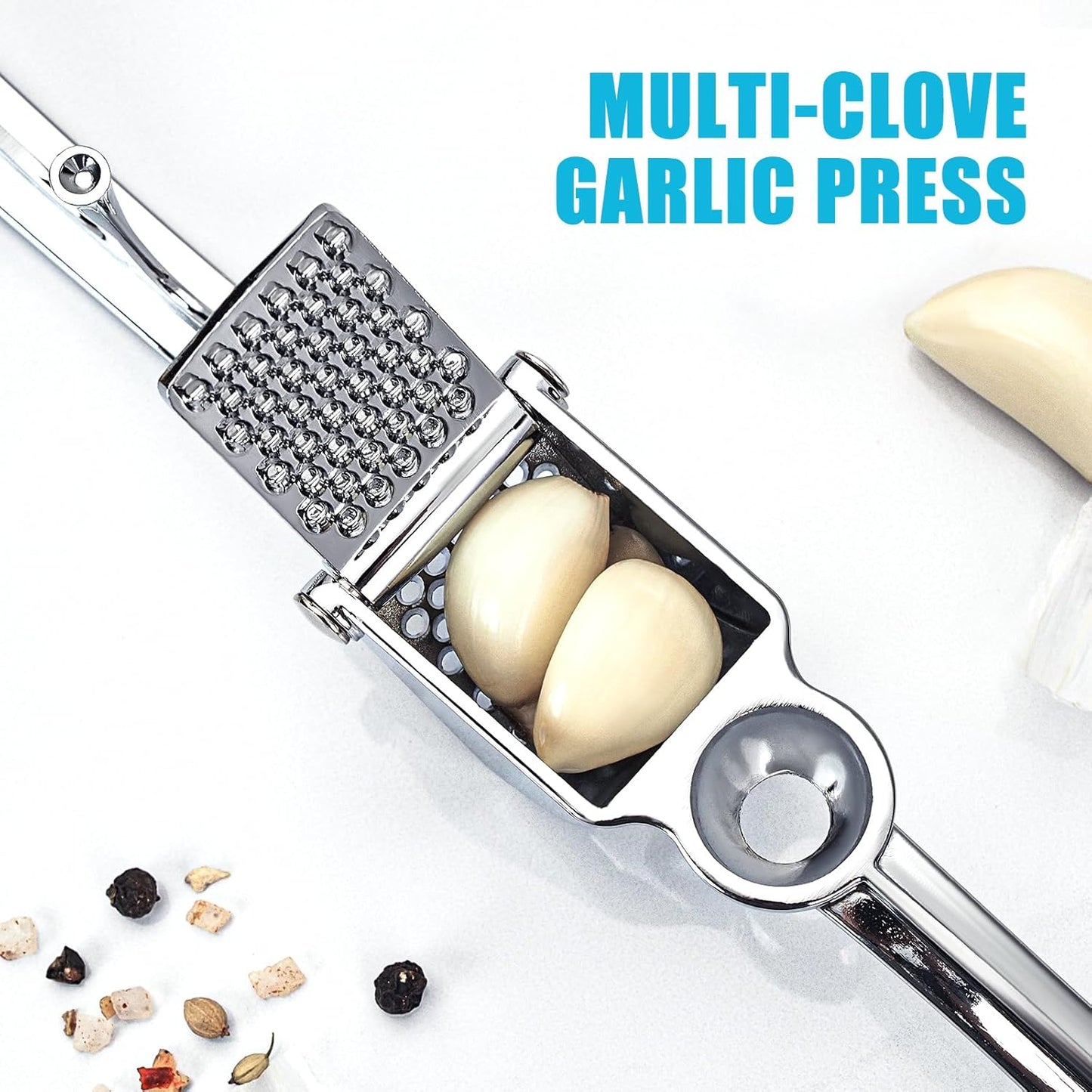 Garlic Press, Premium Kitchen Garlic Mincer Tool, Rust Proof & Dishwasher Safe, Heavy Duty Professional Metal Garlic Crusher with Ergonomic Handle, Easy to Squeeze and Clean -Silver