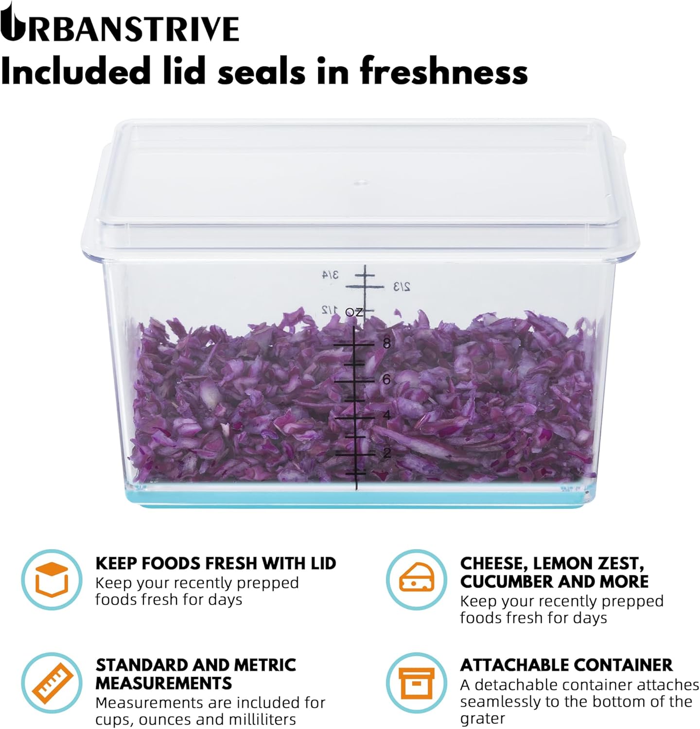 Urbanstrive Cheese Grater With Container, Professional Cheese Grater with Handle, Stainless Steel Graters for Kitchen Handheld, Box Grater with 4 Sides for Vegetables, Ginger, Potatoes (Blue)