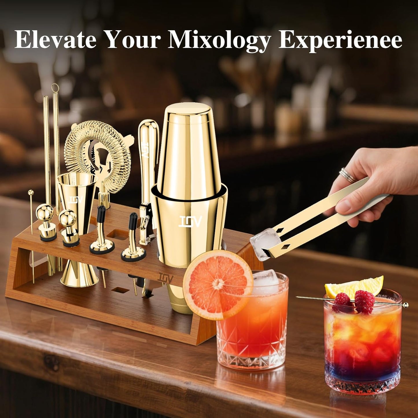 IOV Mixology Bartender Kit Bar Set with Stand | 17-Piece Cocktail Shaker Set | 28oz Boston Shaker Drink Mixer Set with All Essential Accessory Tools | Fun Housewarming Gift (Gold)