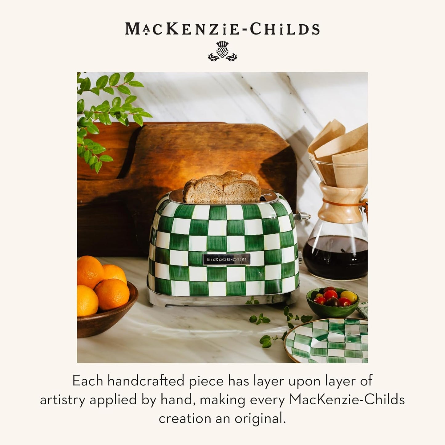 MACKENZIE-CHILDS 2-Slice Toaster, Decorative Toaster for Kitchen, Green-and-White Emerald Check