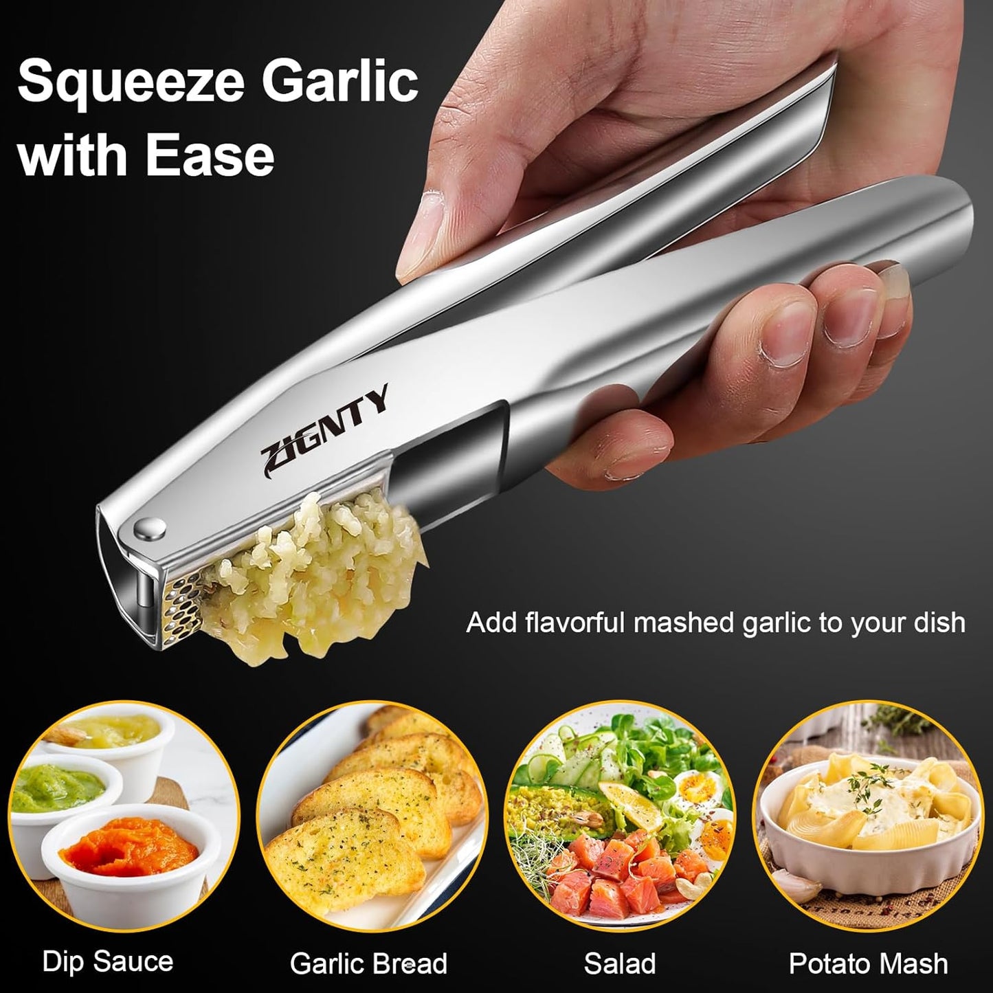 Garlic Press Stainless Steel,Premium Garlic Mincer Tool,No Need to Peel Garlic Ginger Crusher & Masher Easy Squeeze Large Trough Ergonomic Handle,Rust Proof,Dishwasher Safe (5 Years Warranty)