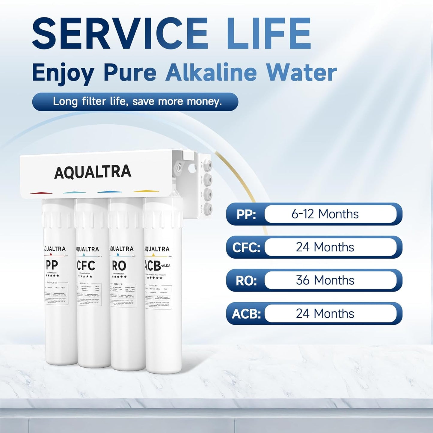 AQUALTRA USF-4RF-100 100 GPD Alkaline Reverse Osmosis System 3: 1 Pure to Drain Under Sink Water Filtration System with Dedicated Faucet