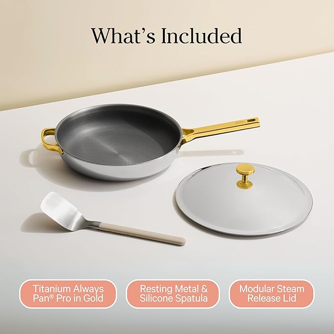 Our Place Titanium Always Pan Pro - 10.6” (2.8 Qt) No-Coating Nonstick Skillet | Tri-Ply Titanium & Stainless Steel | Safe for Oven, Induction & All Cooktops up to 750°F | Includes Spatula | Gold