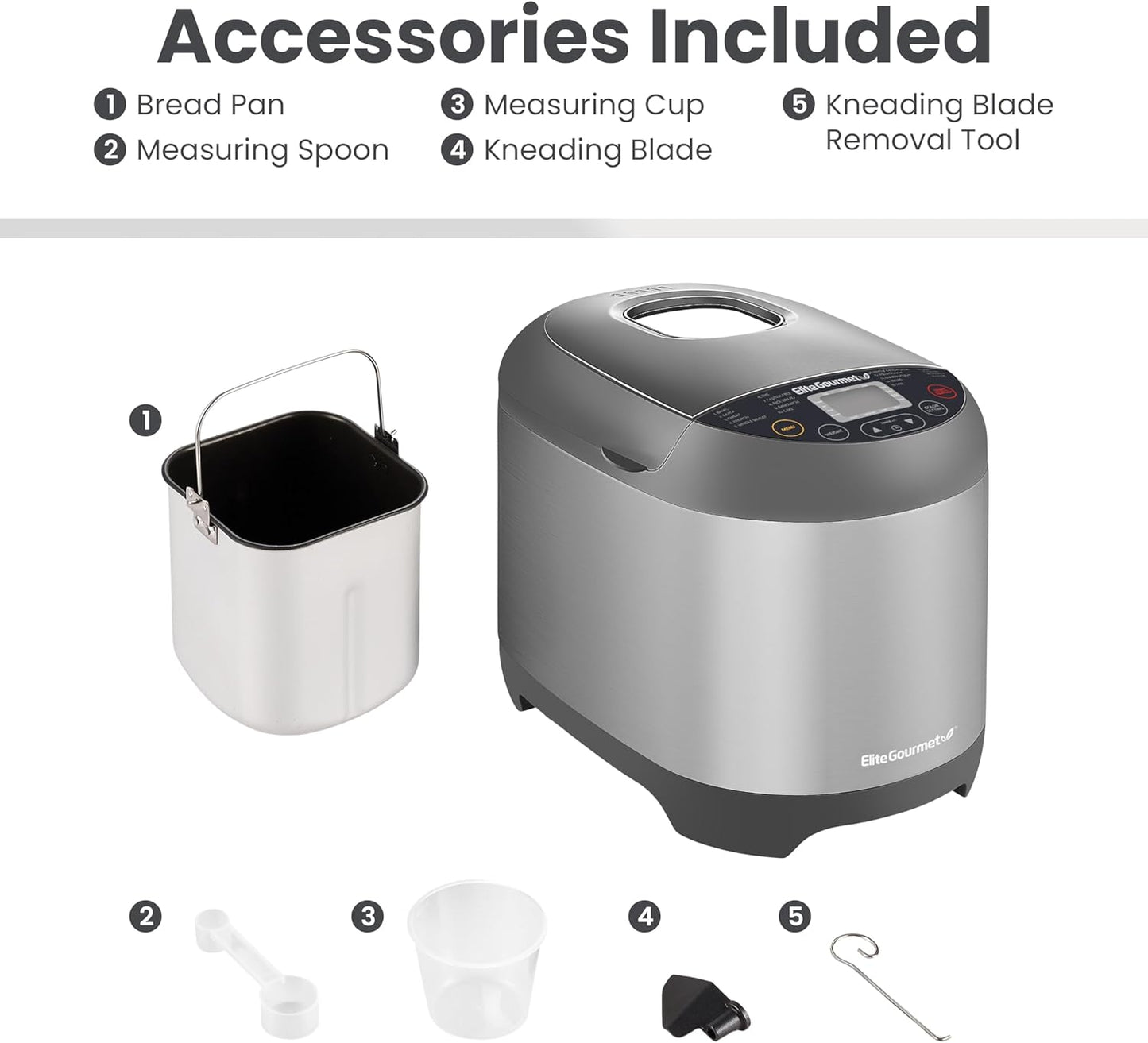 Elite Gourmet EBM8103SS Programmable Bread Maker Machine, 3 Loaf Sizes, 19 Menu Functions Gluten Free White Wheat Rye French and more, 2 Lb, Stainless Steel