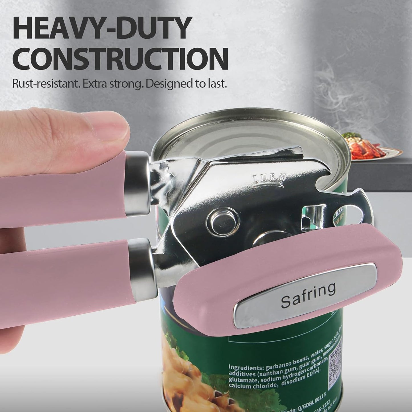 Can Opener Manual, Heavy Duty Handheld Strong Can Opener with Soft Touch Handle, Sharp Blade Smooth Edge, Can Openers with Multifunctional Bottle Opener, Pink