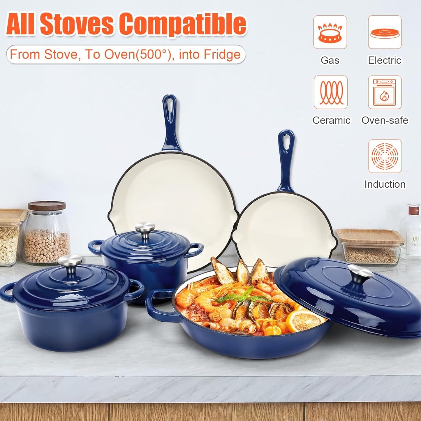 Nonstick Enameled Cast Iron Cookware Set, 8-Pcs Pots and Pans with Lid, Frying Pan Skillet, Sauce Pan, Healthy Round Dutch Oven Pot for Sourdough Bread Baking on All Stovetop, Come with Organizer,Navy