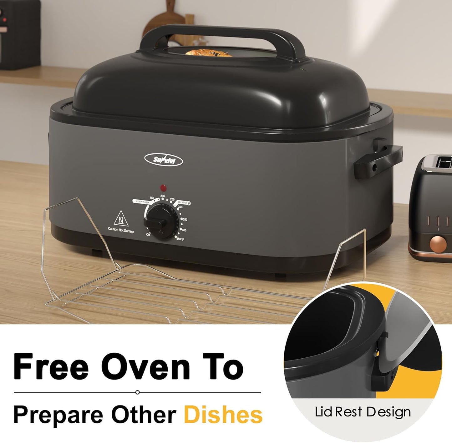 Sunvivi Roaster Oven, Electric Roaster Oven with Viewing Lid, 30lb 26-Quart Turkey Roasters with Unique Defrost/Warm Function, Large Roaster with Removable Pan & Rack, Stainless Steel, Grey