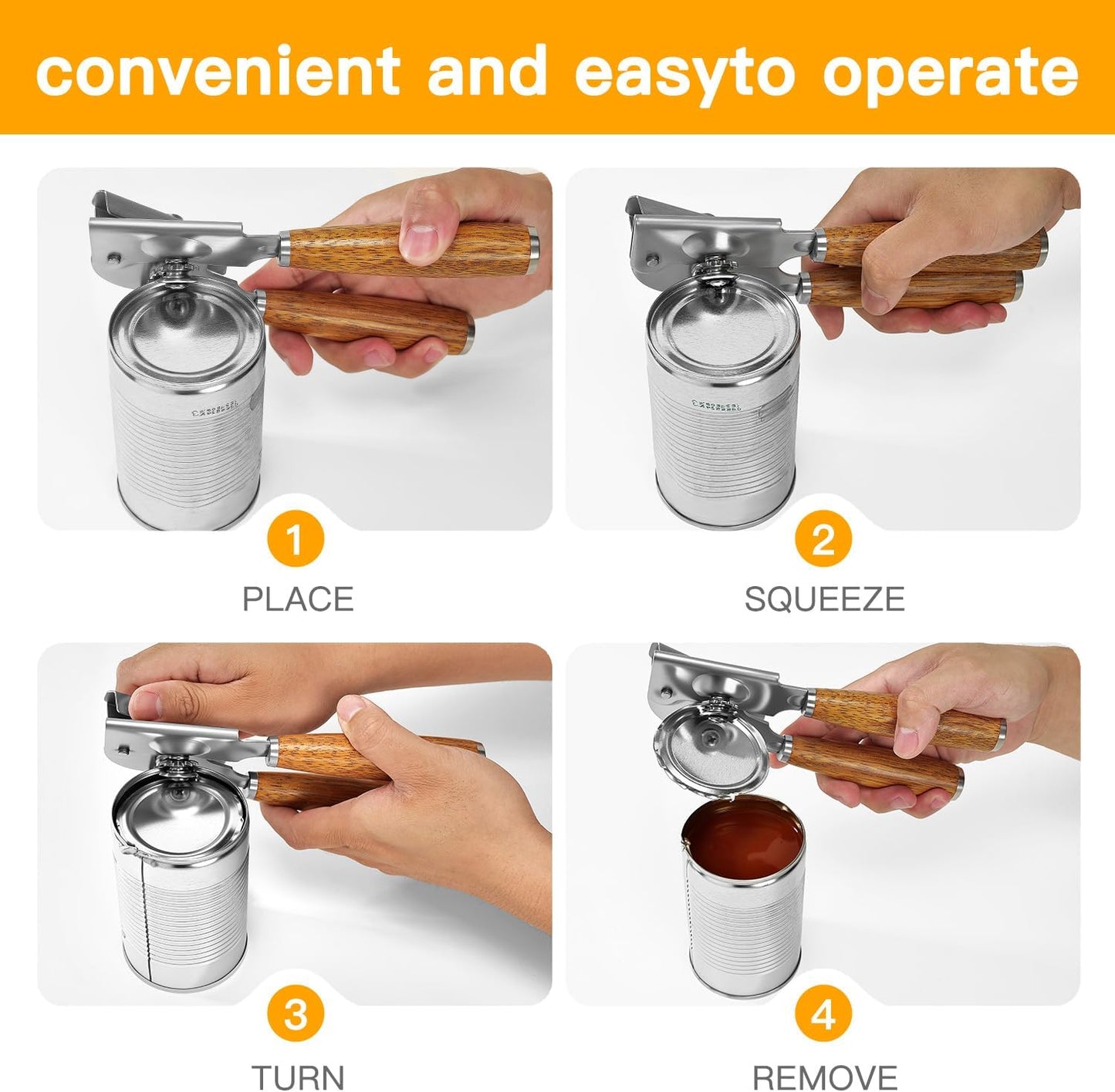 Upgraded Efficient Manual Can Opener - Selected Solid Wood Handle, Sharp and Smooth Blade Edge, Portable Design, Easy-Open Large Knob, Versatile for Various Bottle Caps(Boluoge)