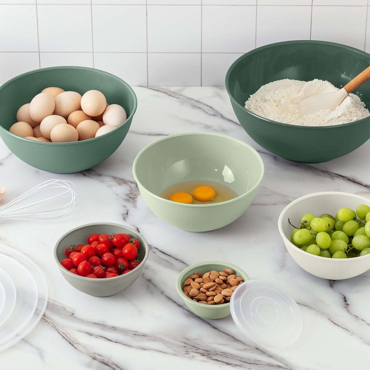 COOK WITH COLOR Mixing Bowls with Lids - 12 Piece Plastic Nesting Bowls Set includes 6 Prep Bowls and 6 Lids, Microwave Safe Mixing Bowl Set (Sage)