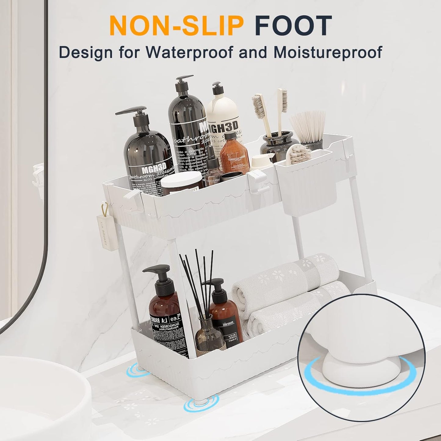 2 Pack Under Sink Organizer, Under Bathroom Cabinet Organizer with Hooks Hanging Cup, Multi-Purpose Storage Shelf for Kitchen Bathroom (White, XL)