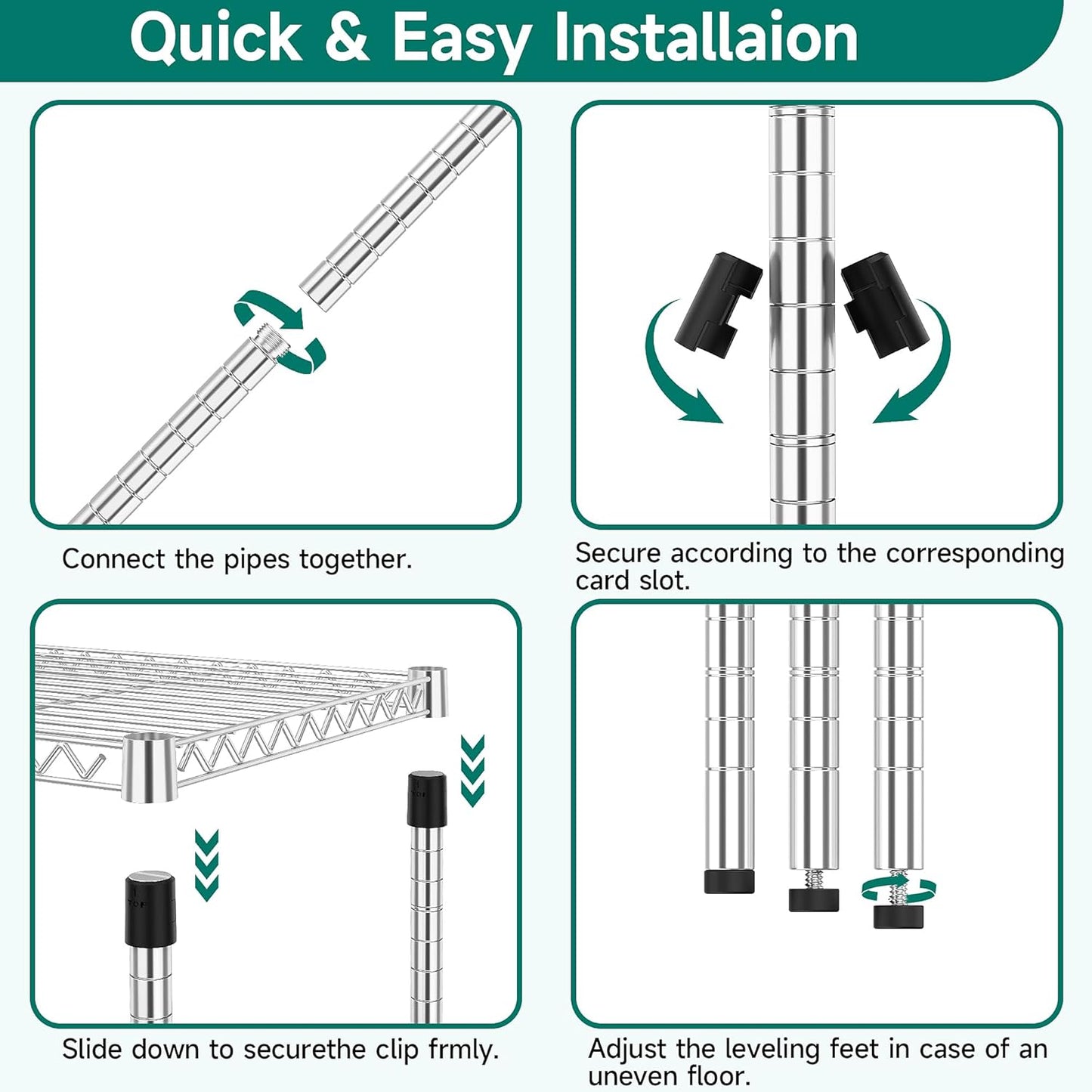4 Tiers Shelf Metal Storage Shelves 2640 lbs Steel Storage Shelving Utility Shelving Unit Steel Organizer Wire Rack for Home,Kitchen,Office,Garage Chrome 17.7" D x 47.2" W x 70.3" H