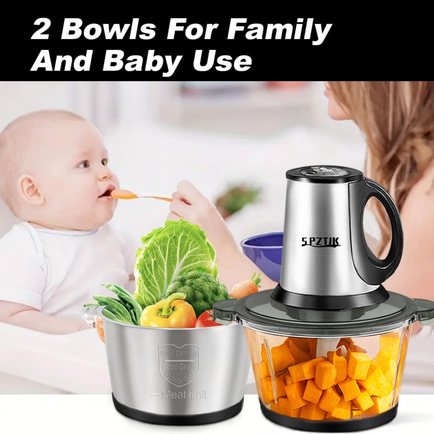 3-Speed Electric Food Processor: Meat Grinder, Vegetable Chopper & Baby Food Maker - 300W, 2 Bowls (8 Cup Stainless Steel+8 Cup Glass), Quiet Operation