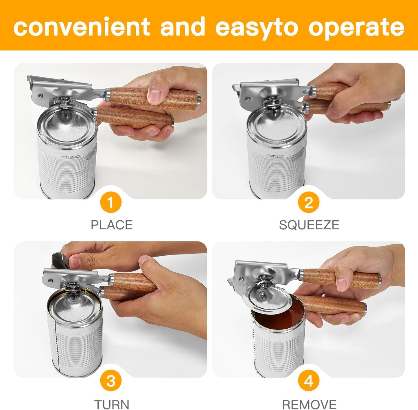 Upgraded Efficient Manual Can Opener - Selected Solid Wood Handle, Sharp and Smooth Blade Edge, Portable Design, Easy-Open Large Knob, Versatile for Various Bottle Caps(Aosuan)