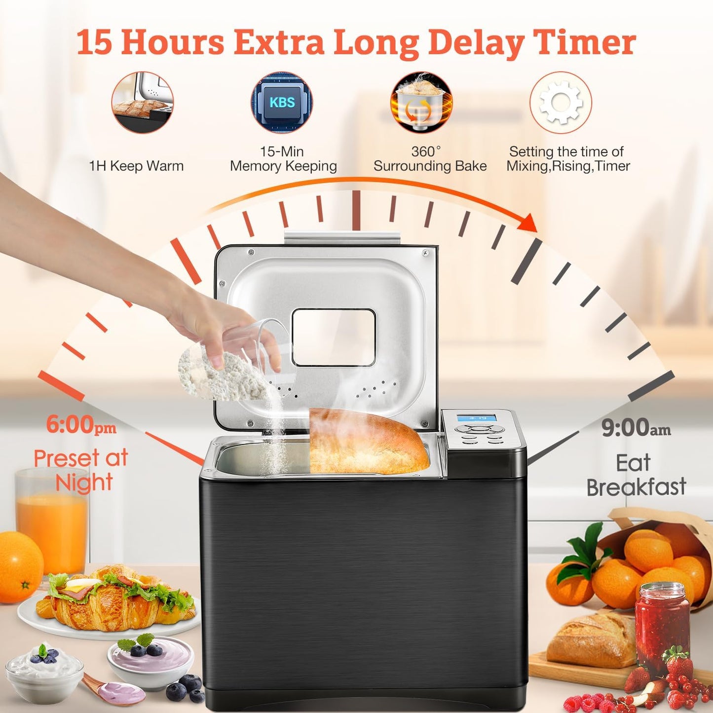 KBS 19-in-1 Programmable Bread Maker,2LB Large Bread Machine Stainless Steel with Sourdough,Gluten-Free,Nonstick Ceramic Pan,650W Bread Maker Machine with 15H Timer&1H Keep Warm,3 Crust Colors,Recipes