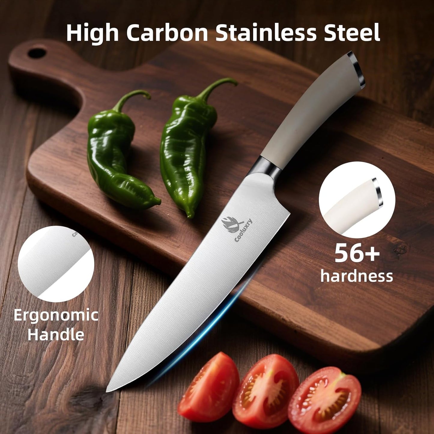 Professional White Chef Knife - 8 Inch High Carbon Stainless Steel Kitchen Knife with Ergonomic White Handle for Precise Cutting