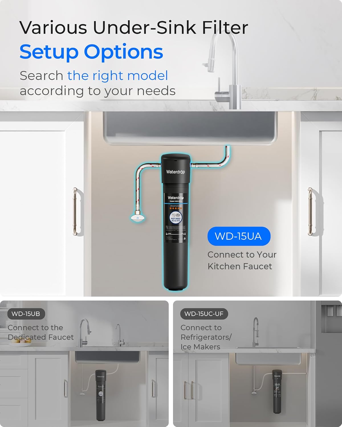 Waterdrop 15UA Under Sink Water Filter System, 2 Years, Reduces Lead, Chlorine, Bad Taste & Odor, Under Counter Water Filter Direct Connect to Kitchen Faucet, NSF/ANSI 42 Certified, USA Tech