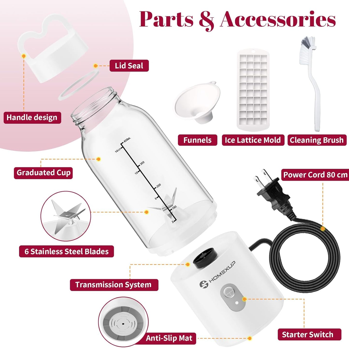 Portable Personal Blender 17 OZ/500 ML Juicer, 175W Personal Size Blender, Ideal for Smoothies, Ice Blending, Juicing, and Food Processing, Compact, Convenient, and Versatile (White)