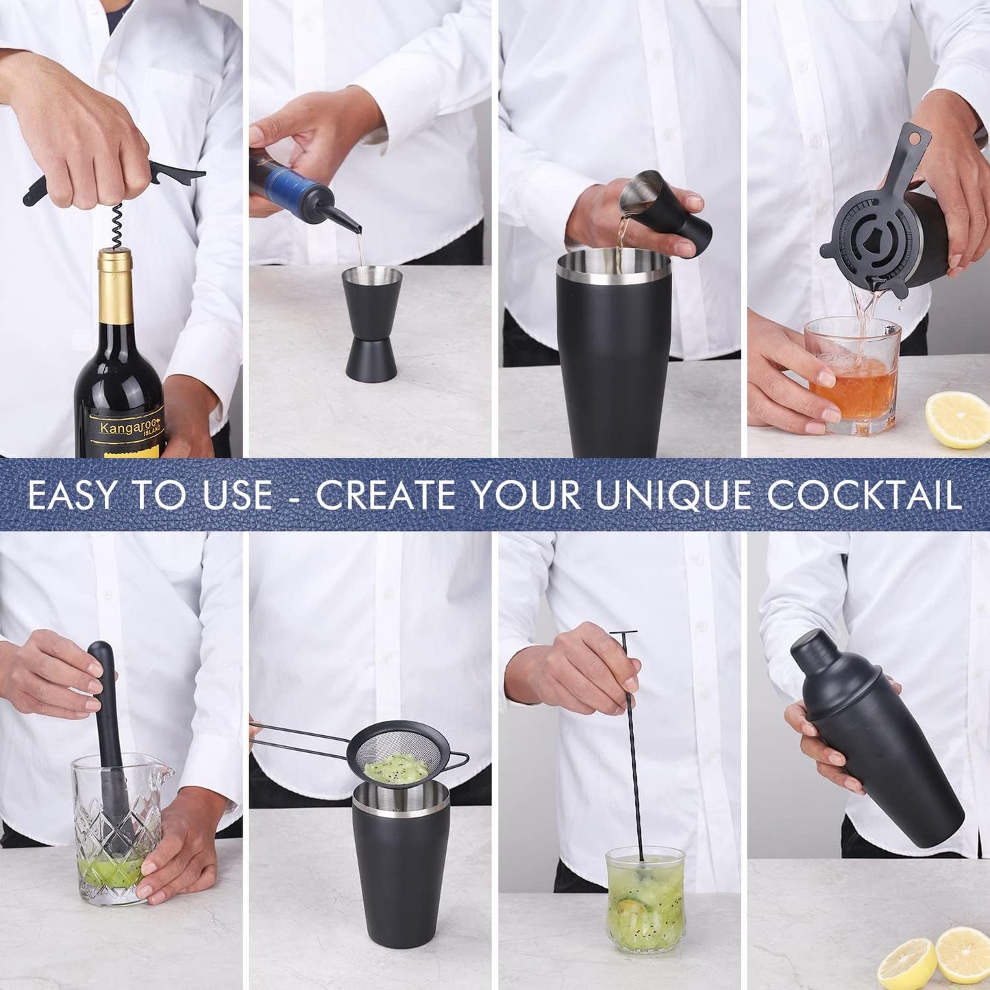 11Pcs-Cocktail Shaker Set Black Bartending Kit 25oz Cocktail Bar Set Cocktail Mix Drink Making Kit Professional Bar and Home Drink Bar Tools for Bartender(Matte Black)