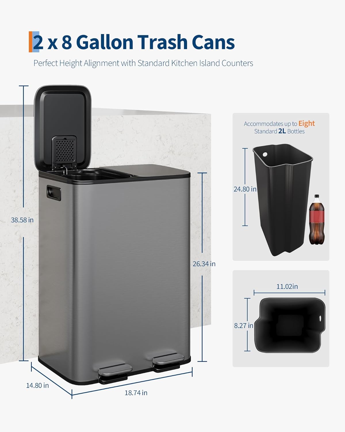 GarveeHome 2 x 8 gal Stainless Steel Double Trash Can with Lid for Kitchen, Large Dual Trash and Recycle Bin Combo, Step-on Kitchen Metal Garbage Cans, PP Inner Buckets, Liner Rim, Matte Grey