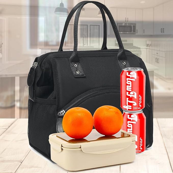 FlowFly Insulated Lunch Bag for Women, Men, Large and Reusable, Handle, Work and Travel Tote and Meal Prep Organizer, Black
