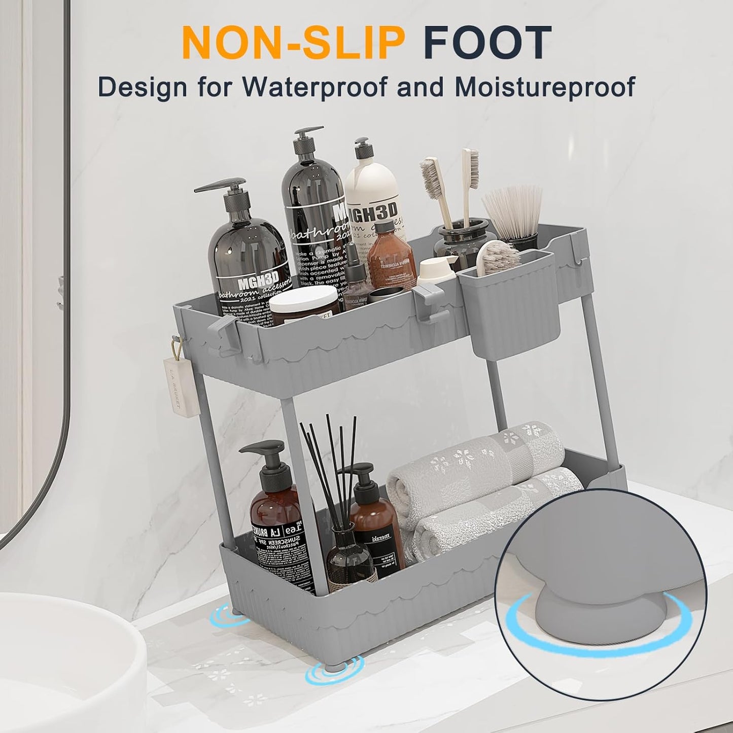 2 Pack Under Sink Organizer, Under Bathroom Cabinet Organizer with Hooks Hanging Cup, Multi-Purpose Storage Shelf for Kitchen Bathroom (Gray, L)